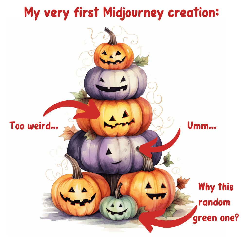 Bad Midjourney pumpkin clipart with weird faces on the pumpkins